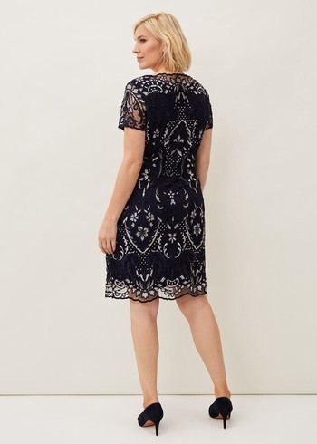 Phase Eight Lizzy Embroidered Dress Navy/White USA | 2390851-DG